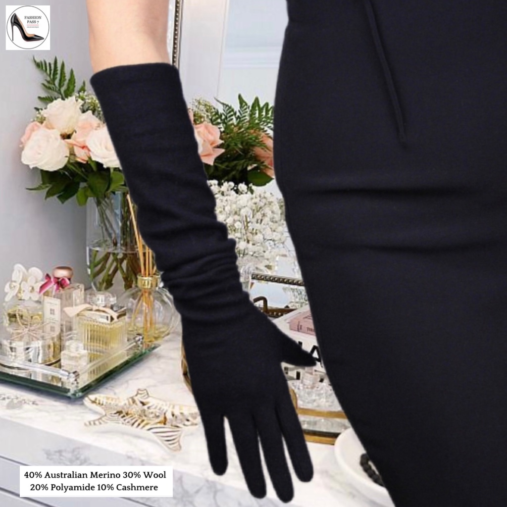 Long Cashmere Merino Wool Gloves Classical Black Opera Driving Winter Warm Glove